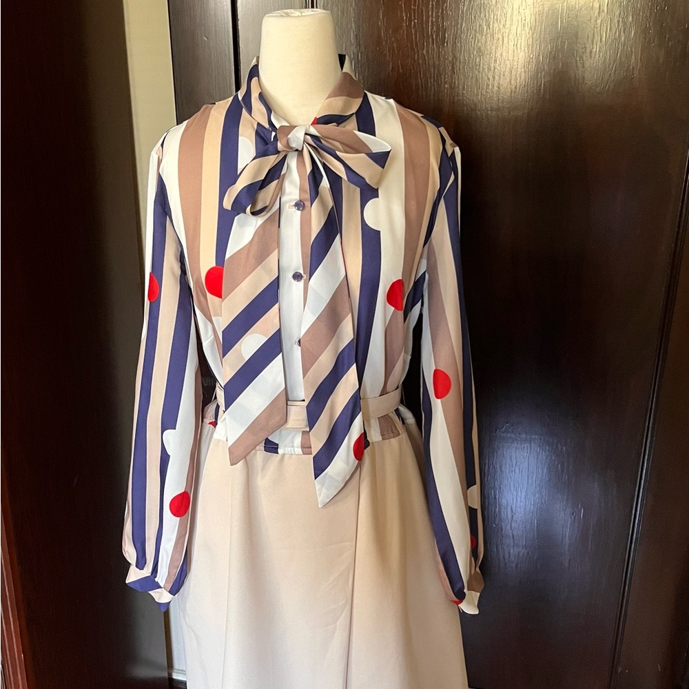 Vintage Paul Alfred Secretary Striped and Polka Dot Bow Tie Dress